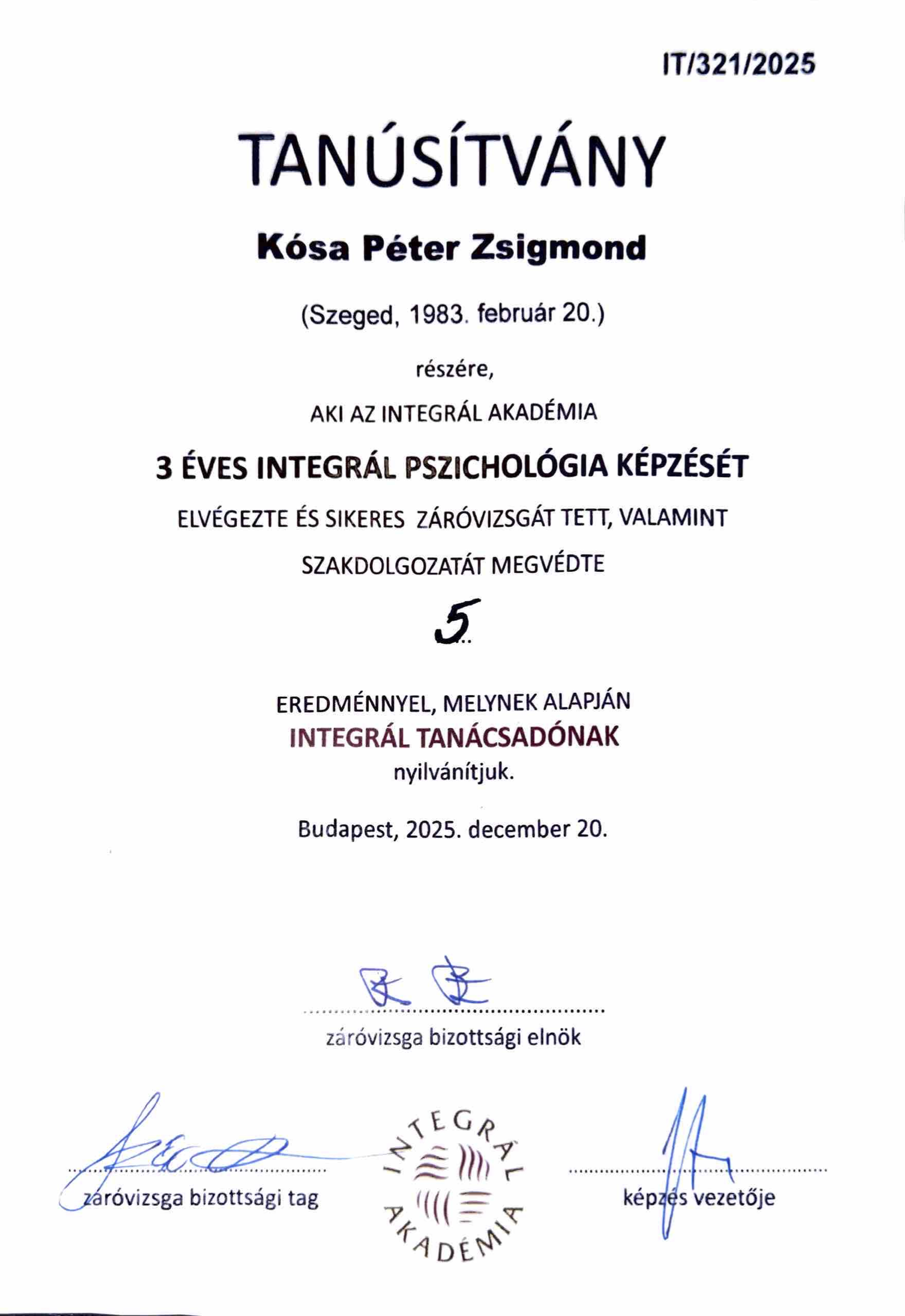 Integrál Tanácsadó Oklevél