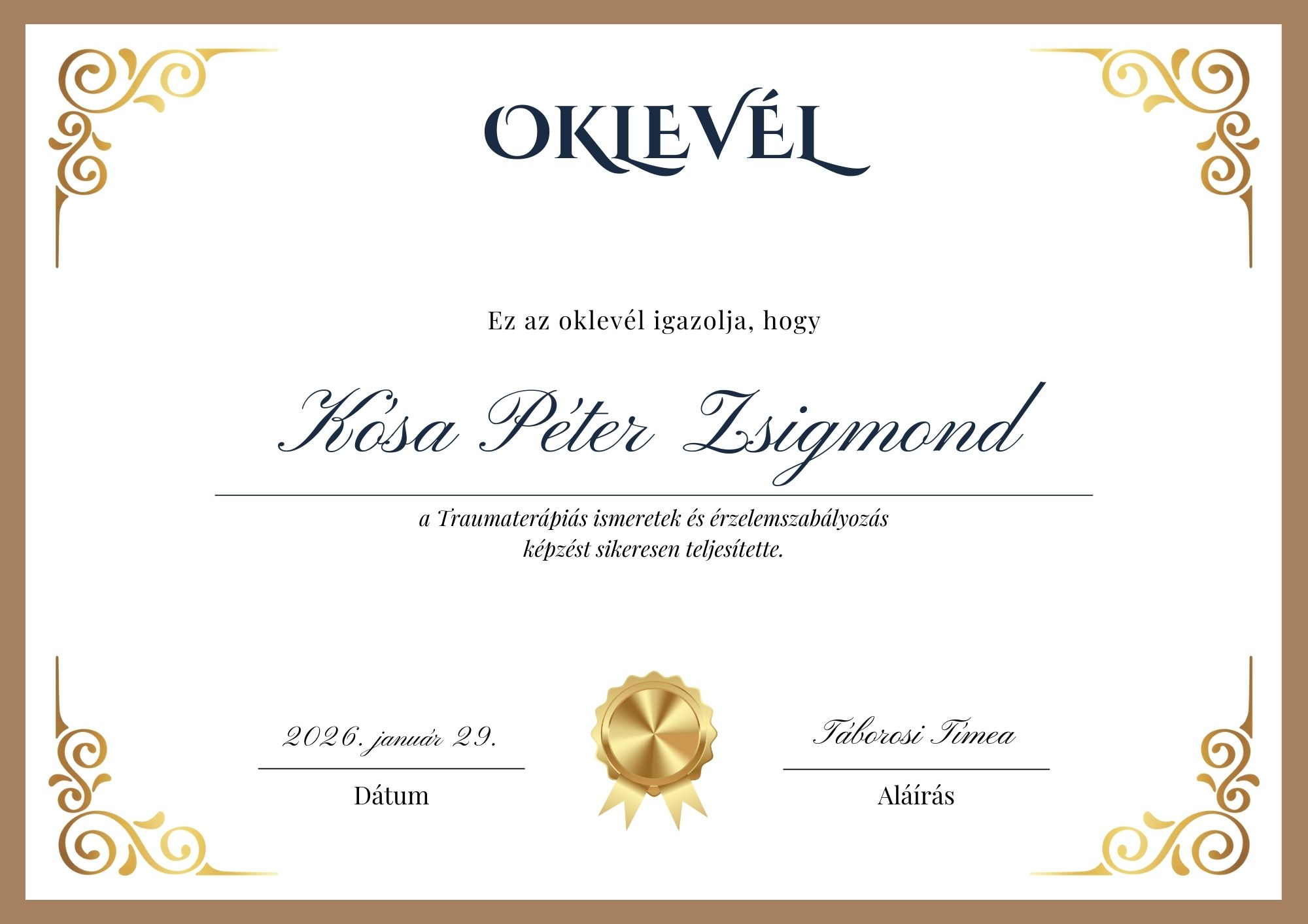 Traumaterápia Oklevél